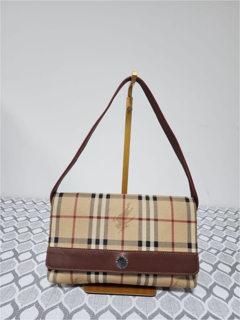 Authentic Burberry Vintage Haymarket Checked Shoulder Bag Brown/Beige